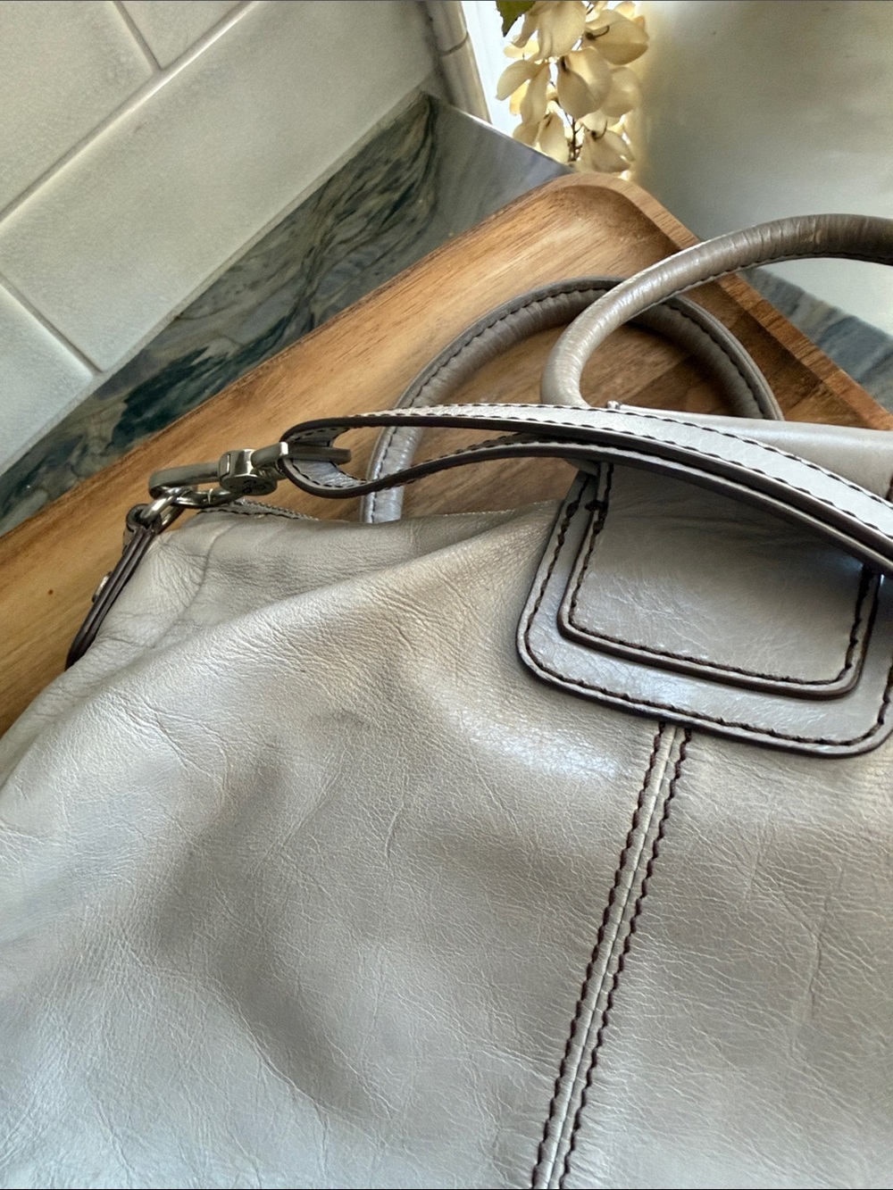 HOBO Light Taupe Leather Satchel with Detachable Strap - Picture 7 of 8